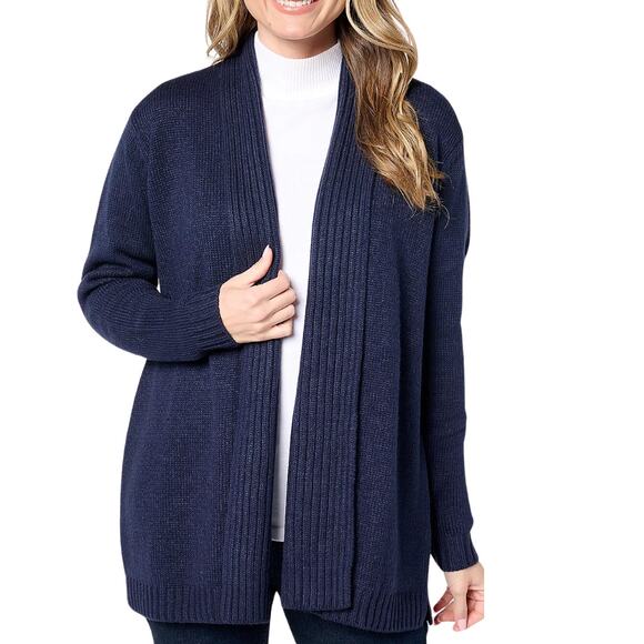 Denim & Co. Open Front Long Sleeve Placed Motif Cardigan Navy NEW Size M - Picture 1 of 2